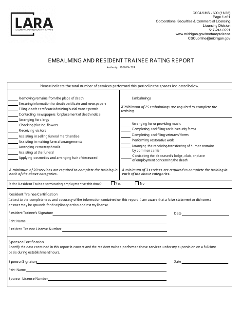 Form CSCL/LMS-600 Embalming and Resident Trainee Rating Report - Michigan