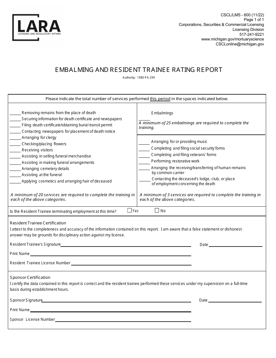 Form CSCL / LMS-600 Embalming and Resident Trainee Rating Report - Michigan, Page 1