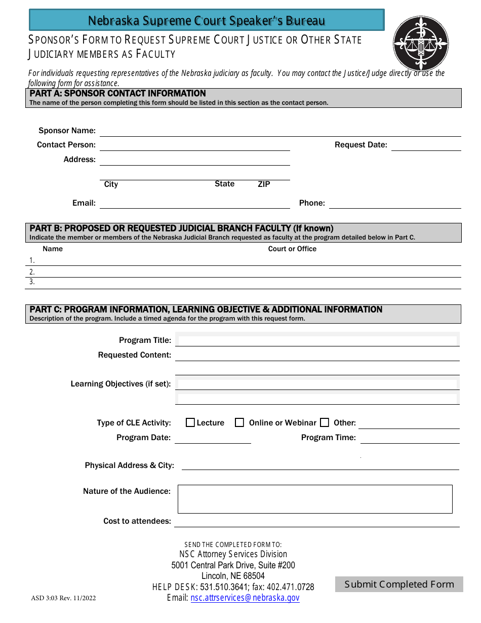 Form ASD3:03 Sponsors Form to Request Supreme Court Justice or Other State Judiciary Members as Faculty - Nebraska, Page 1