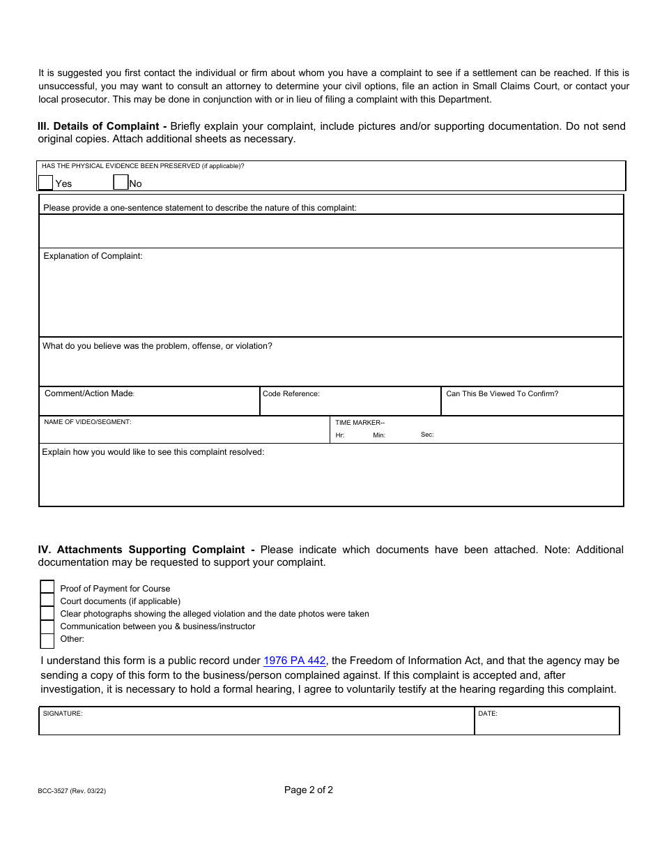 Form BCC-3527 Statement of Complaint - Cle / Builders Courses  Instructors - Michigan, Page 2