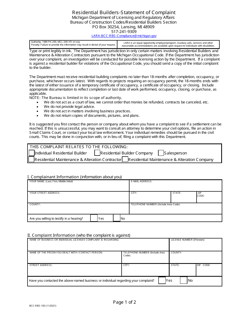Form BCC-RBS-100 Residential Builders - Statement of Complaint - Michigan, Page 2