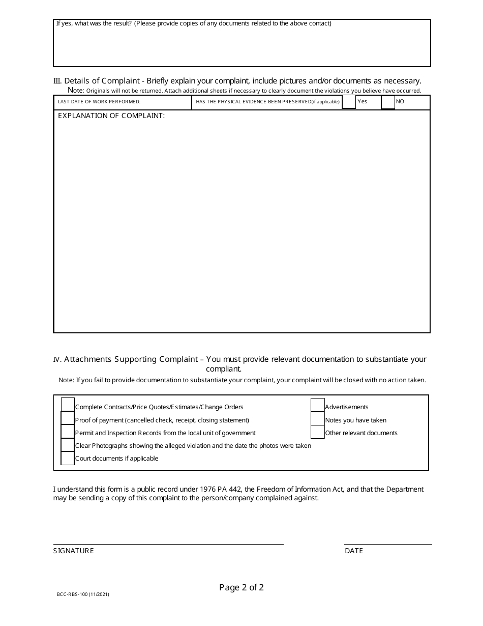 Form BCC-RBS-100 Residential Builders - Statement of Complaint - Michigan, Page 3