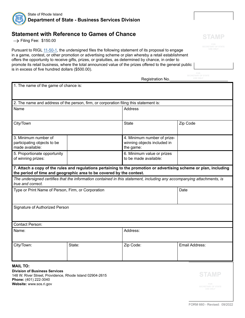 Form 660 Statement With Reference to Games of Chance - Rhode Island, Page 2