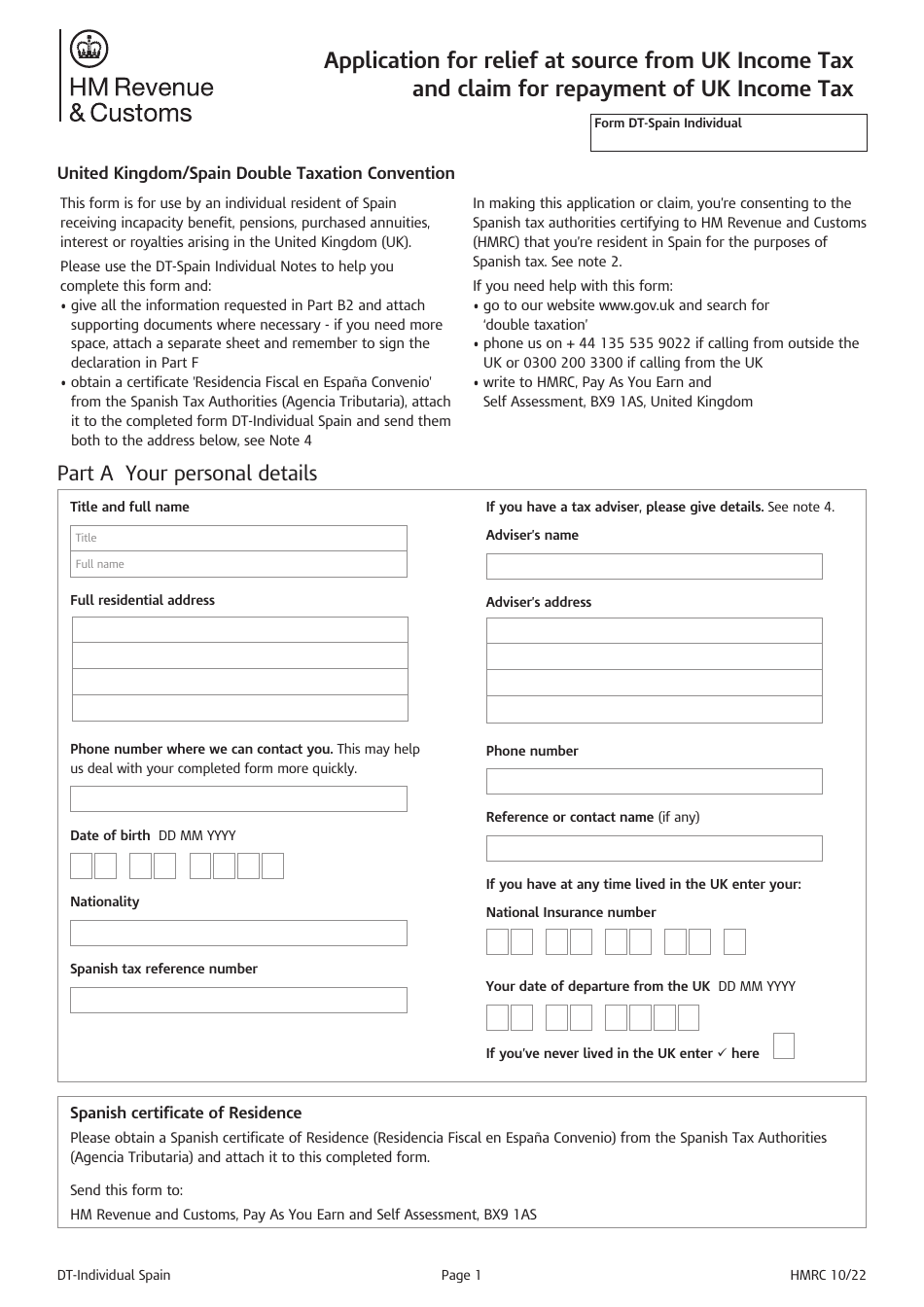 Form DT-INDIVIDUAL SPAIN Application for Relief at Source From UK Income Tax and Claim for Repayment of UK Income Tax - United Kingdom, Page 1