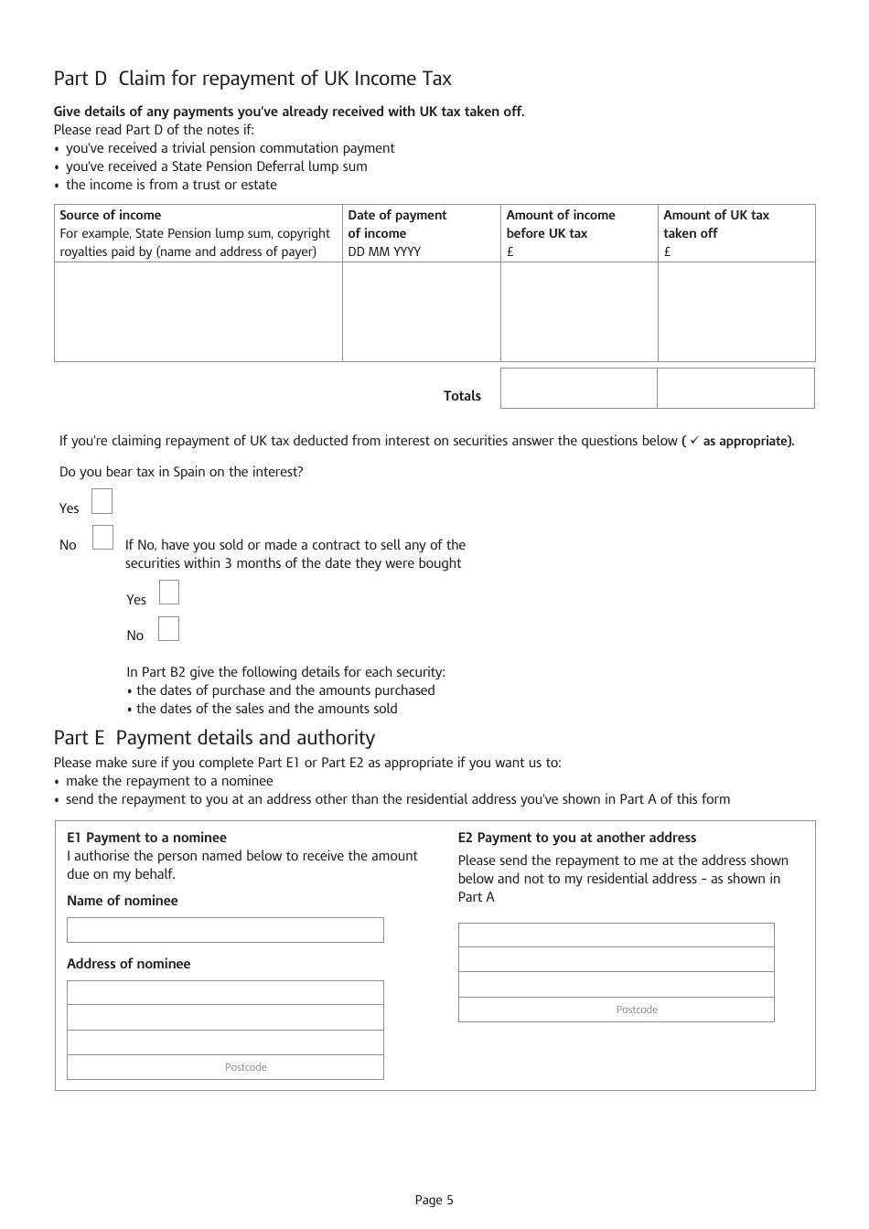 Form DT-INDIVIDUAL SPAIN Application for Relief at Source From UK Income Tax and Claim for Repayment of UK Income Tax - United Kingdom, Page 5