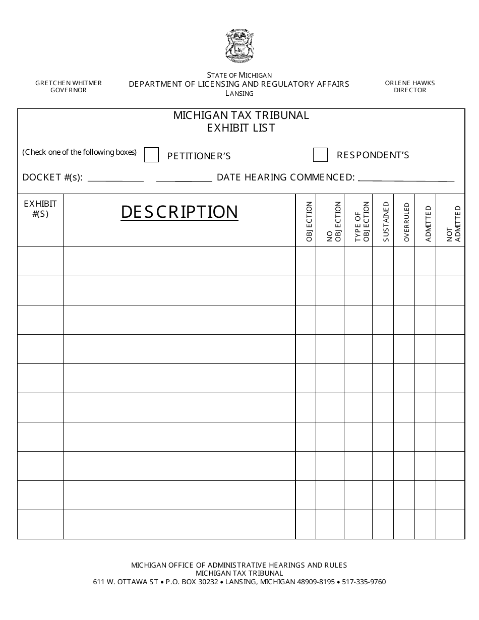 Michigan Michigan Tax Tribunal Exhibit List - Fill Out, Sign Online and ...