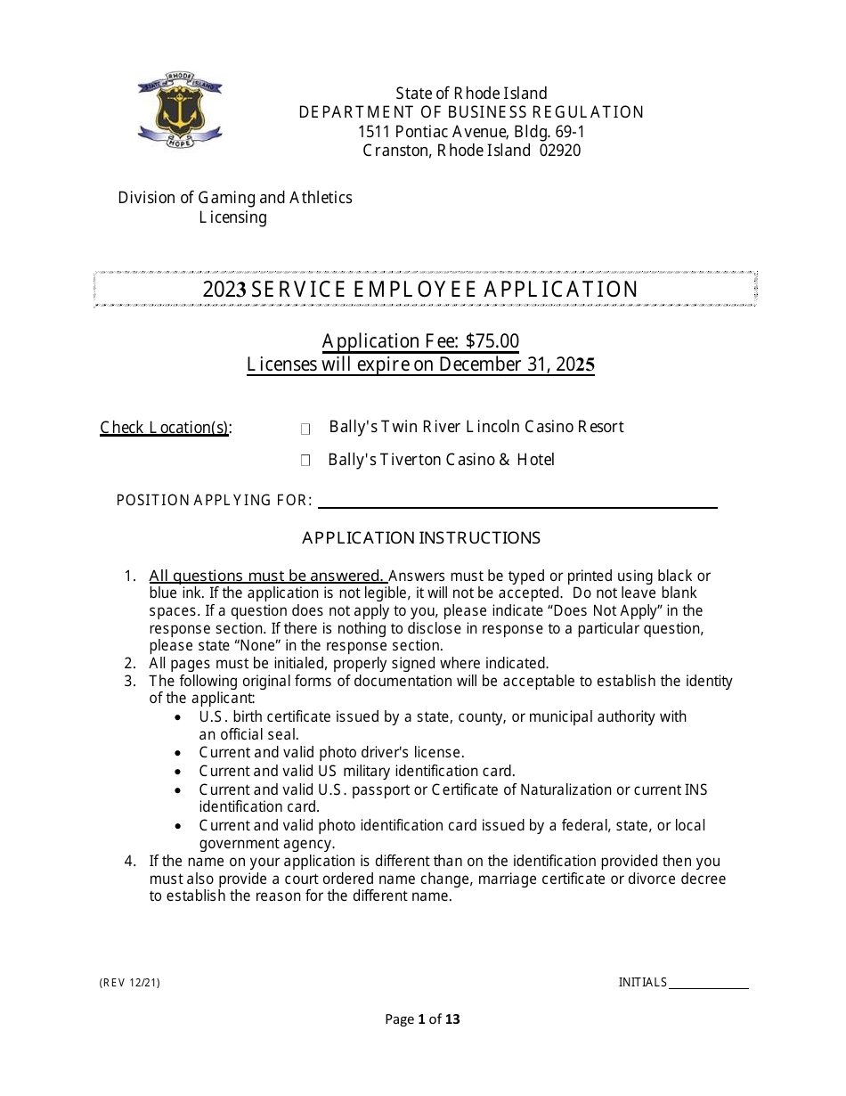 Service Employee Appication - Rhode Island, Page 1