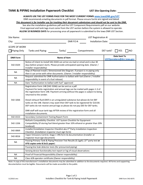 DNR Form 542-0075 Tank & Piping Installation Paperwork Checklist - Iowa