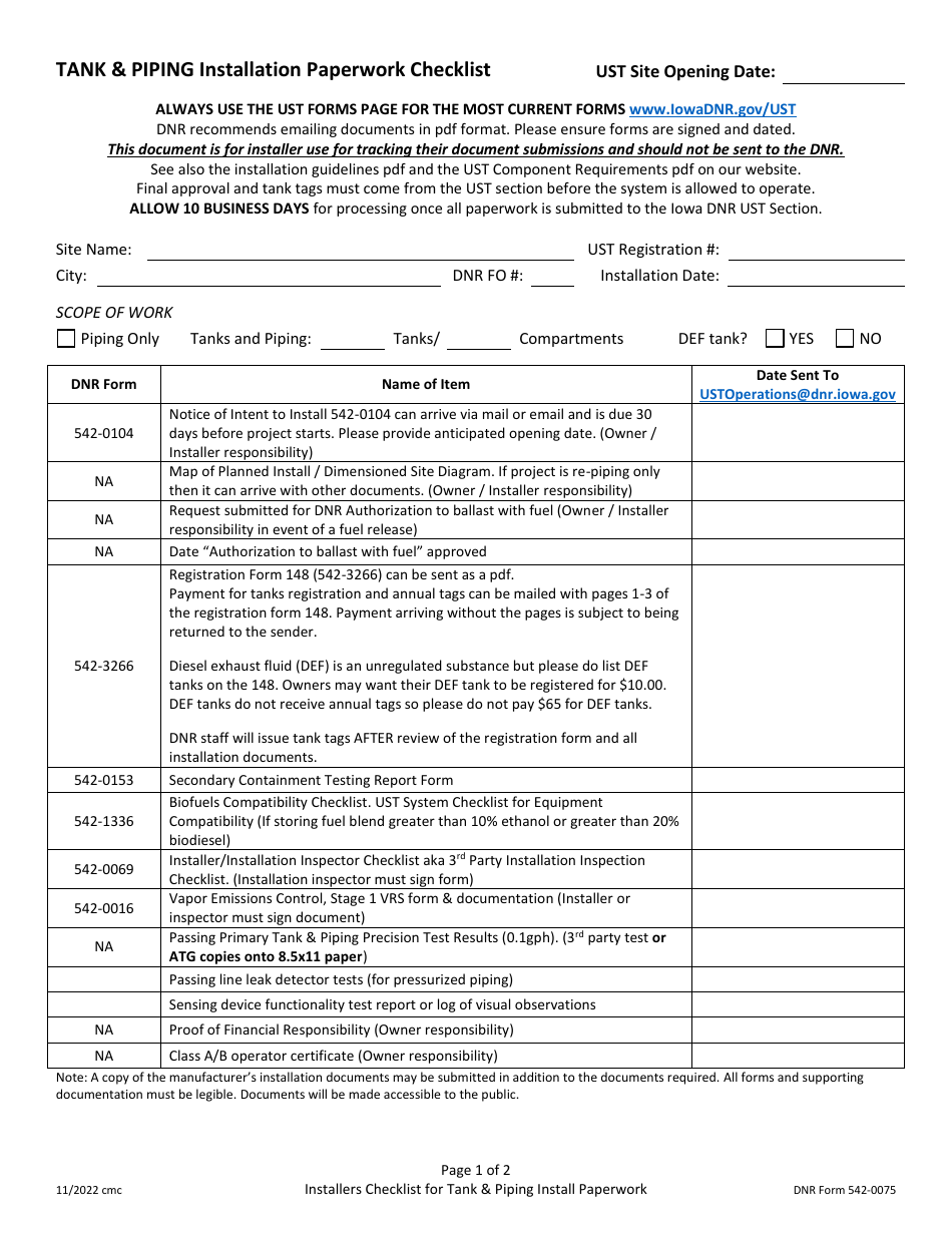 DNR Form 542-0075 Tank  Piping Installation Paperwork Checklist - Iowa, Page 1