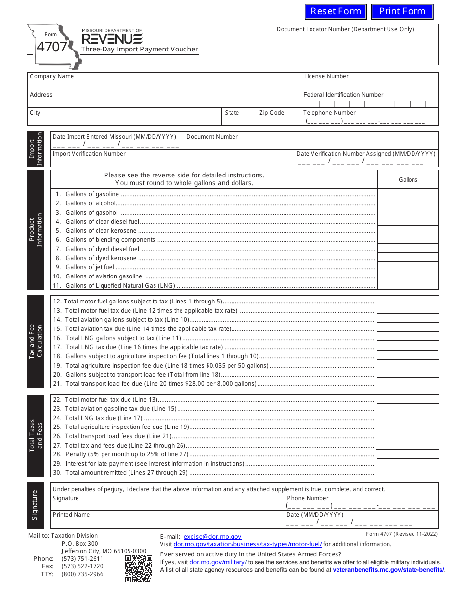 Form 4707 Three-Day Import Payment Voucher - Missouri, Page 1
