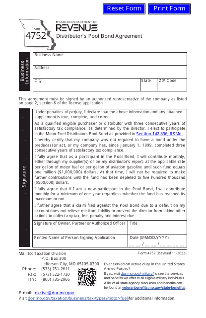 Form 4752 Distributor's Pool Bond Agreement - Missouri