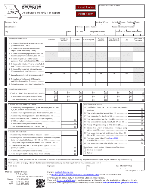 Form 4757 Distributor's Monthly Tax Report - Missouri