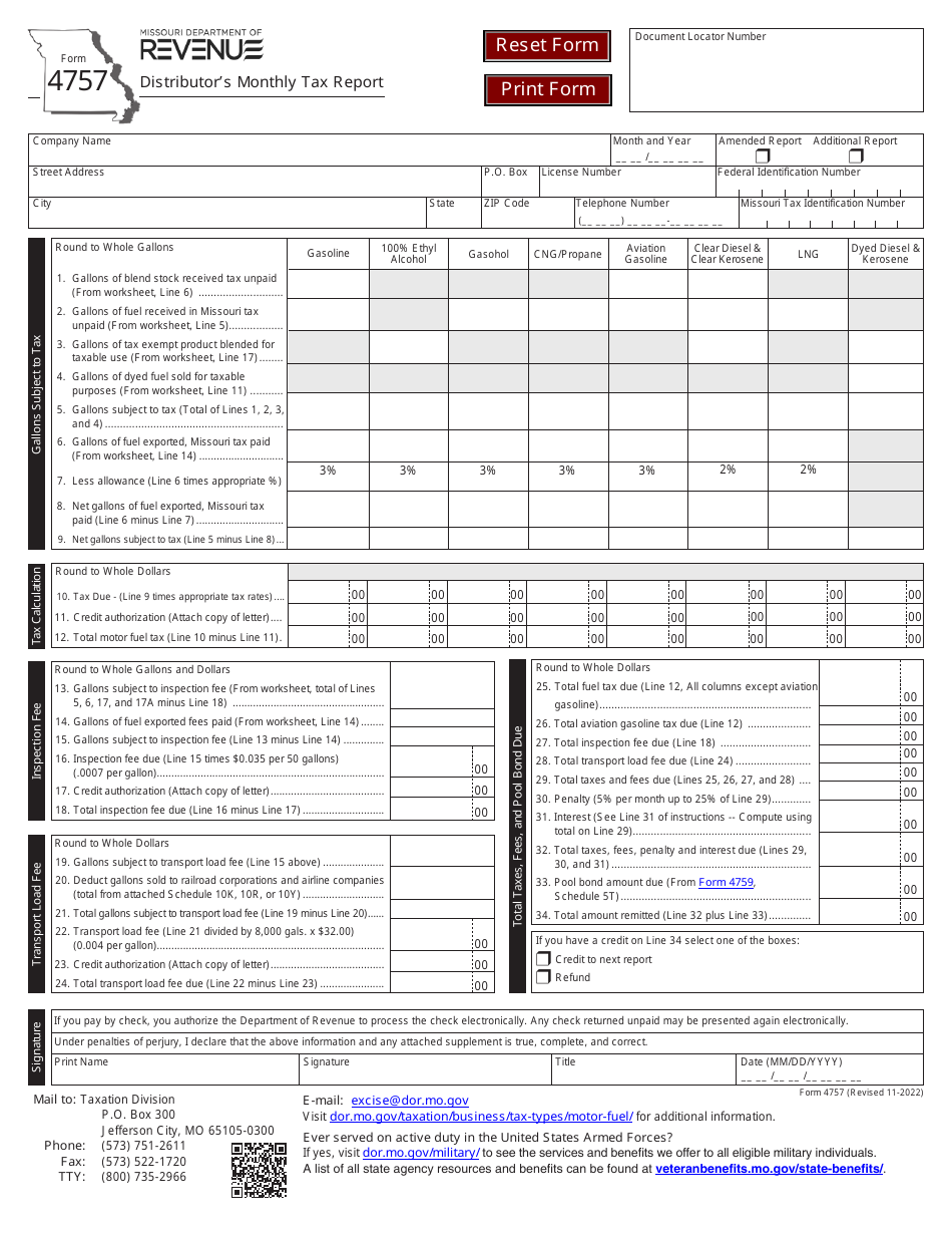Form 4757 Distributors Monthly Tax Report - Missouri, Page 1