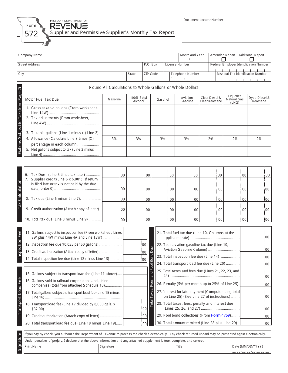 Form 572 Supplier and Permissive Suppliers Monthly Tax Report - Missouri, Page 1