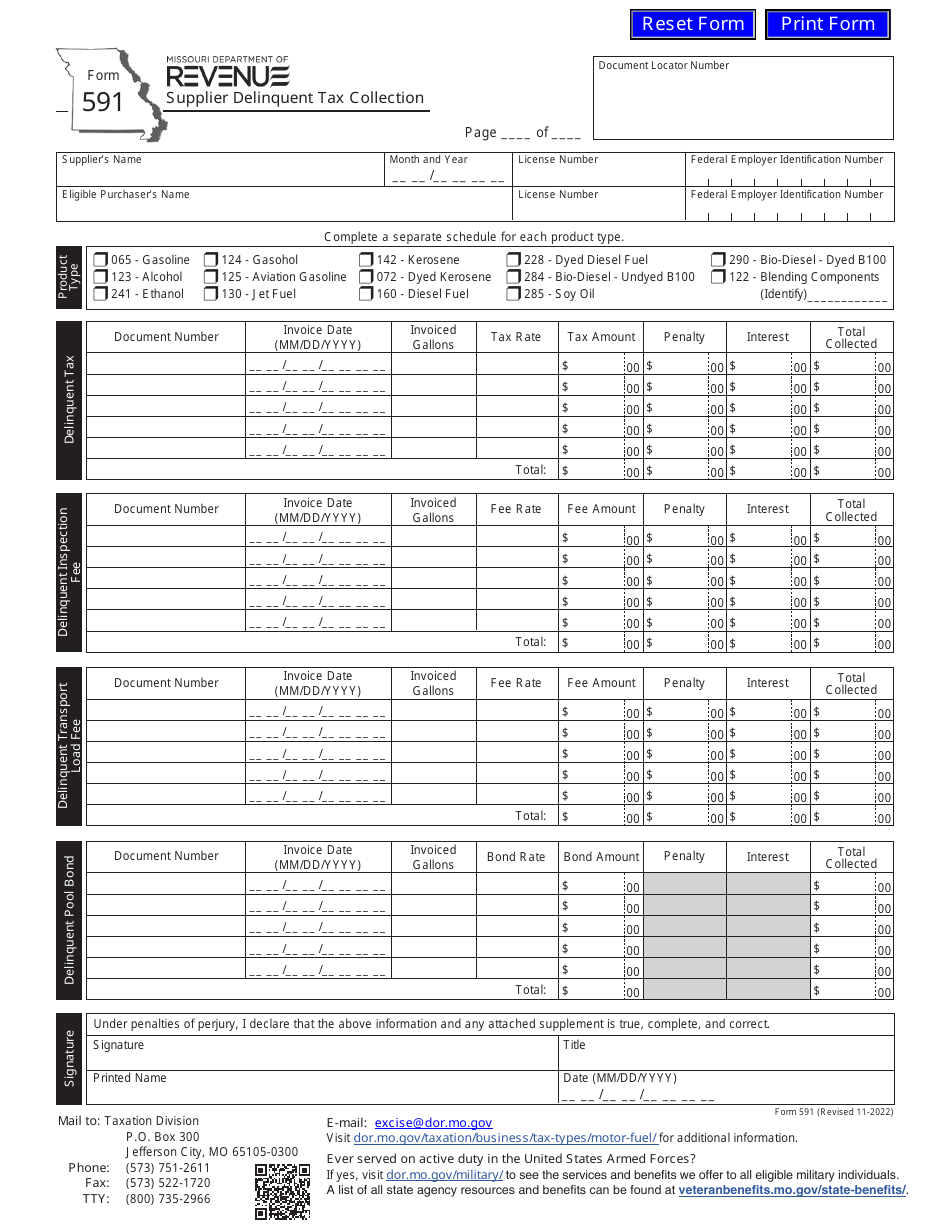 Form 591 Supplier Delinquent Tax Collection - Missouri, Page 1