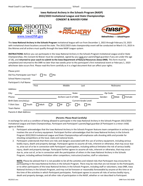DNR Form 542-0638 Invitational League and State Championships Consent &amp; Waiver Form - Iowa National Archery in the Schools Program (Nasp) - Iowa, 2023