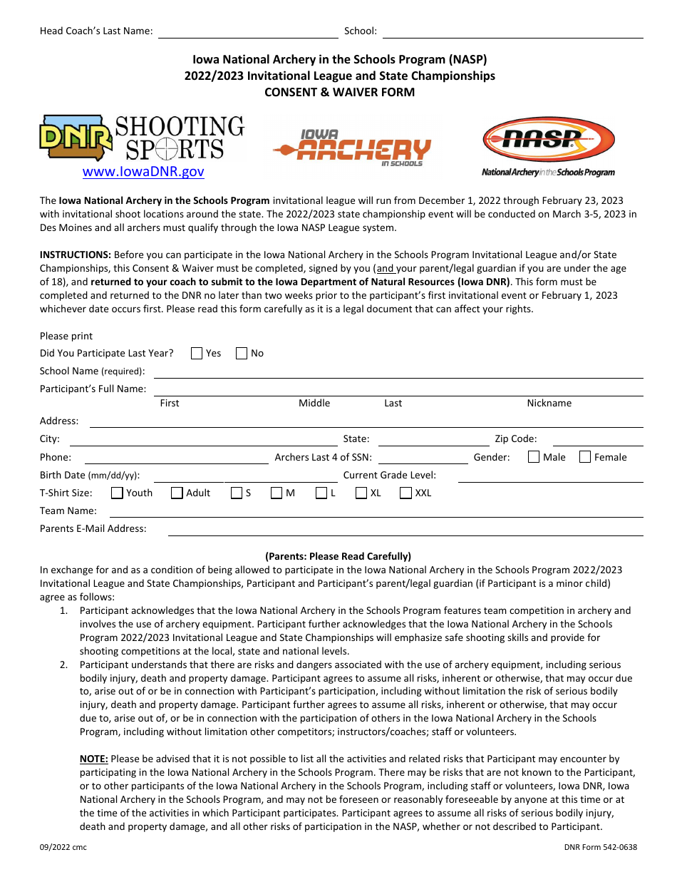 DNR Form 542-0638 Invitational League and State Championships Consent  Waiver Form - Iowa National Archery in the Schools Program (Nasp) - Iowa, Page 1