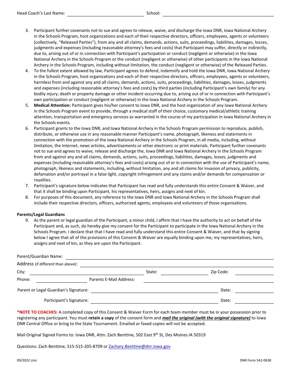 DNR Form 542-0638 Invitational League and State Championships Consent  Waiver Form - Iowa National Archery in the Schools Program (Nasp) - Iowa, Page 2