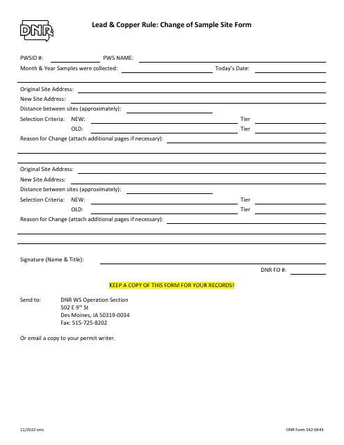 DNR Form 542-0643 Lead & Copper Rule: Change of Sample Site Form - Iowa