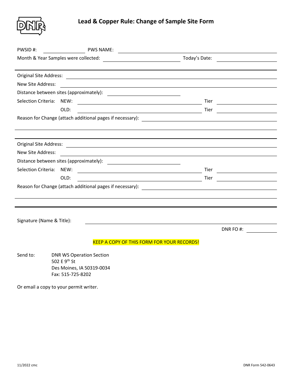 DNR Form 542-0643 Lead  Copper Rule: Change of Sample Site Form - Iowa, Page 1