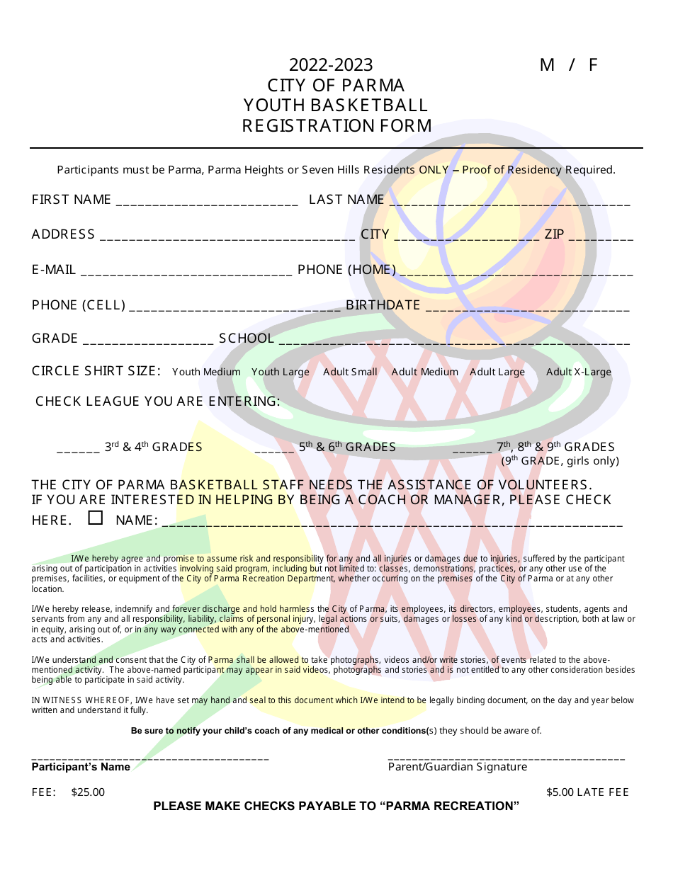 2023 City of Parma, Ohio Youth Basketball Registration Form Fill Out