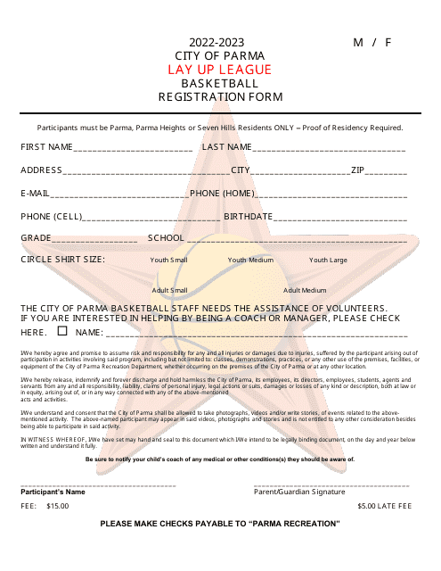 Lay up League Basketball Registration Form - City of Parma, Ohio Download Pdf