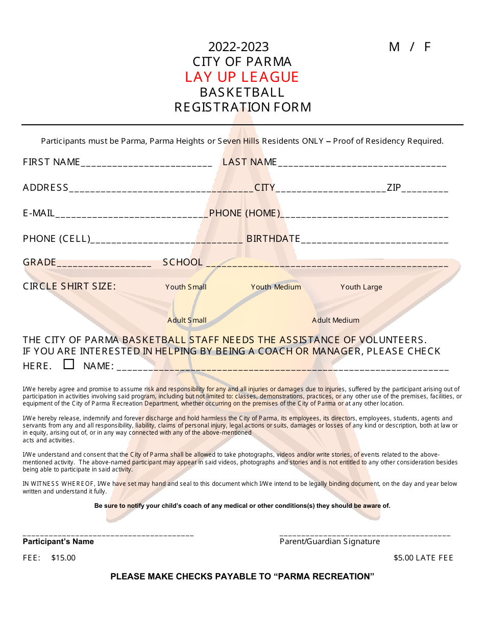 Lay up League Basketball Registration Form - City of Parma, Ohio, Page 1