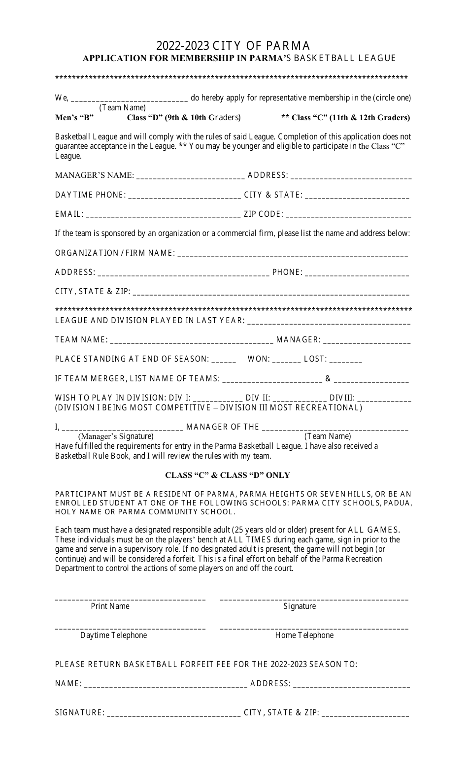 2023 City Of Parma Ohio Class C And D Basketball Registration Packet Fill Out Sign Online 9290