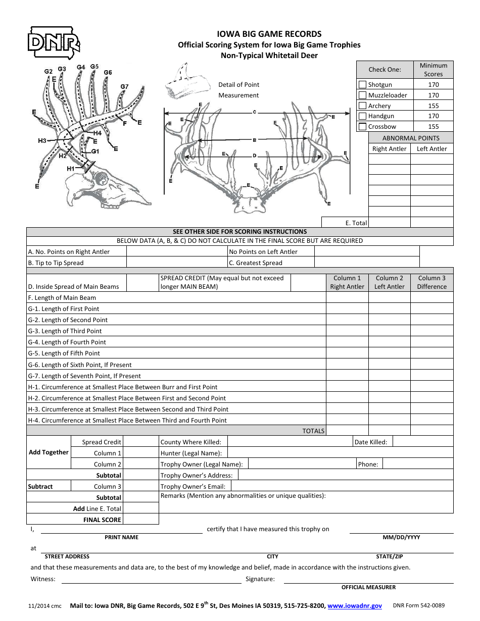 DNR Form 542-0089 Iowa Big Game Records - Official Scoring System for Iowa Big Game Trophies - Non-typical Whitetail Deer - Iowa, Page 1