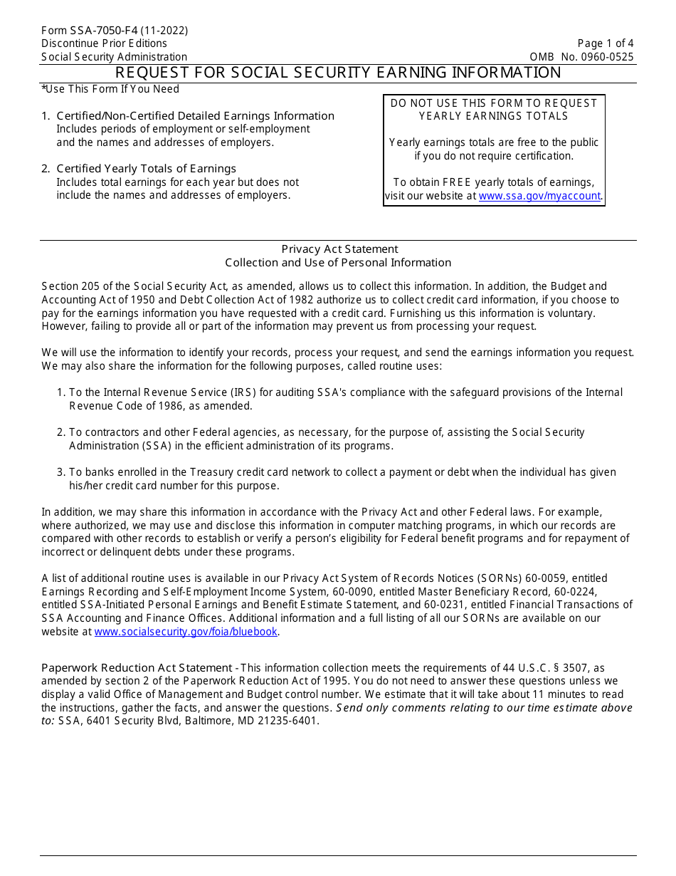 Form SSA-7050-F4 Request for Social Security Earning Information, Page 1