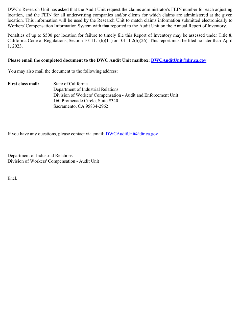 Form DWC-851 Annual Report of Claims Inventory - California, Page 2