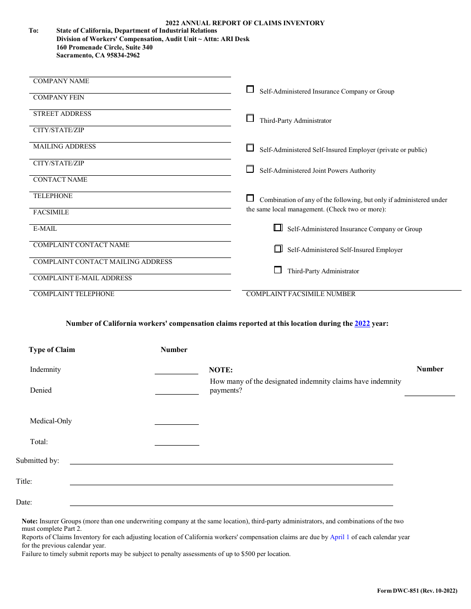 Form DWC-851 Annual Report of Claims Inventory - California, Page 3