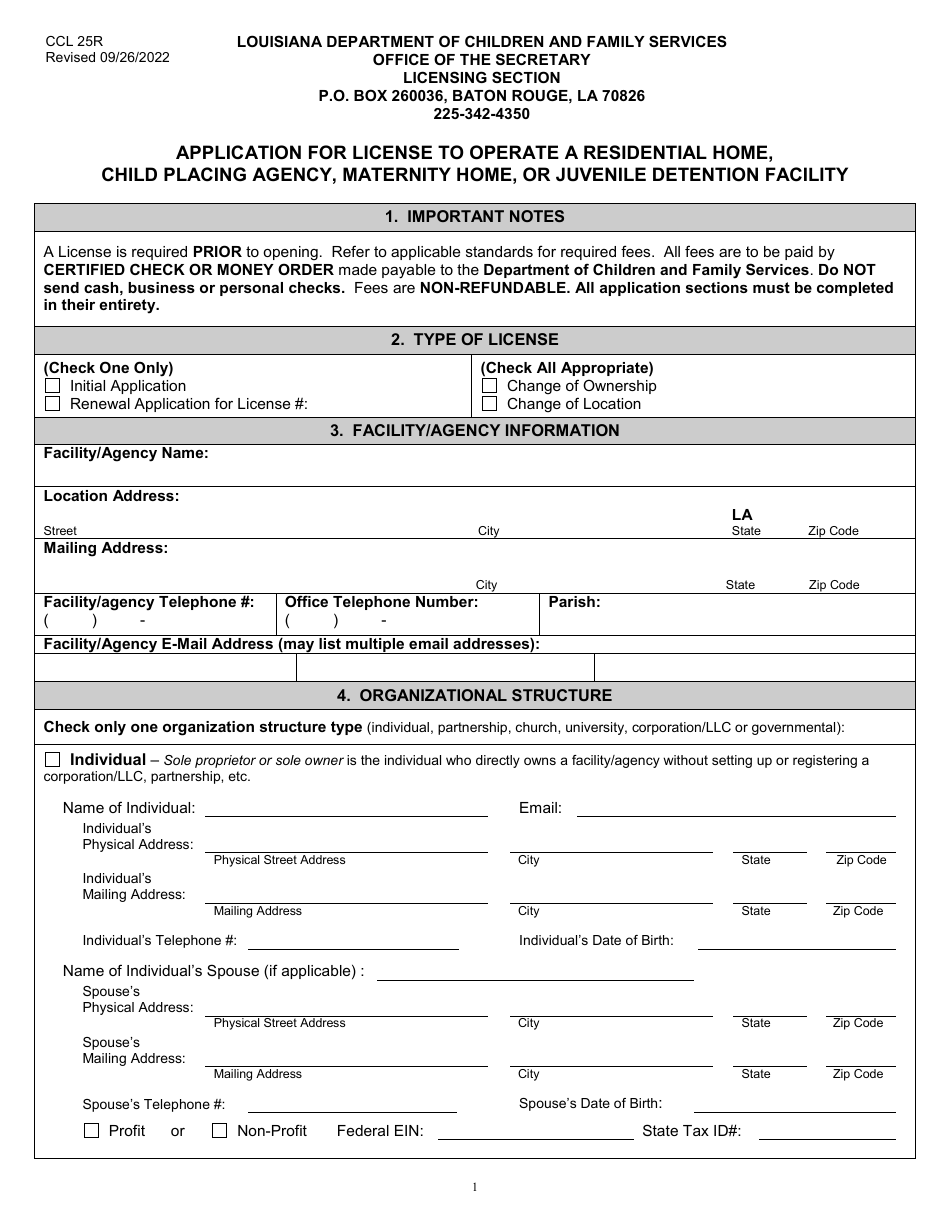 Form CCL25R Application for License to Operate a Residential Home, Child Placing Agency, Maternity Home, or Juvenile Detention Facility - Louisiana, Page 1