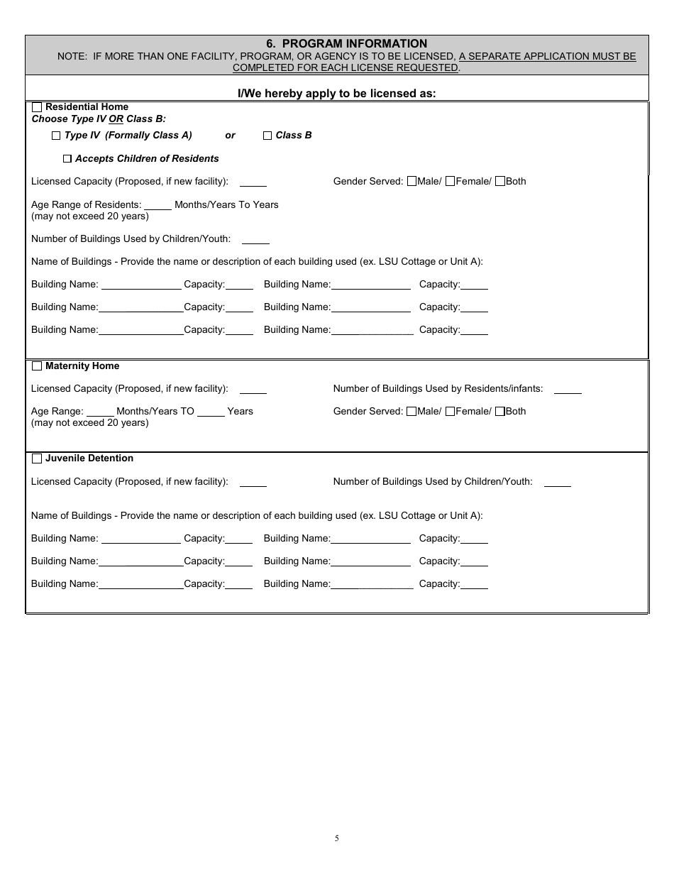 Form CCL25R Application for License to Operate a Residential Home, Child Placing Agency, Maternity Home, or Juvenile Detention Facility - Louisiana, Page 5