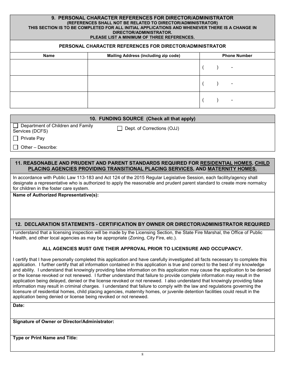 Form CCL25R Application for License to Operate a Residential Home, Child Placing Agency, Maternity Home, or Juvenile Detention Facility - Louisiana, Page 8