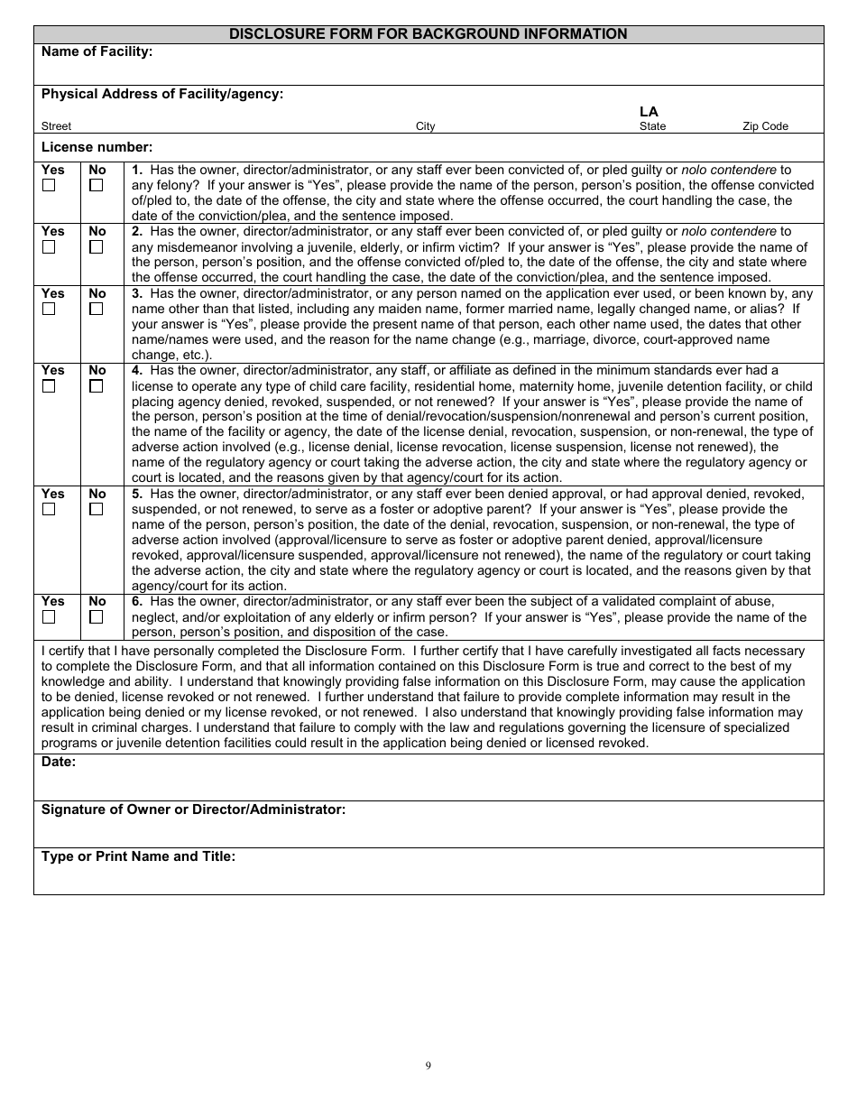 Form CCL25R Application for License to Operate a Residential Home, Child Placing Agency, Maternity Home, or Juvenile Detention Facility - Louisiana, Page 9