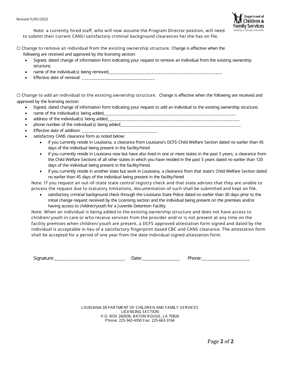 Change of Information Form for Juvenile Detention Facility Providers - Louisiana, Page 2