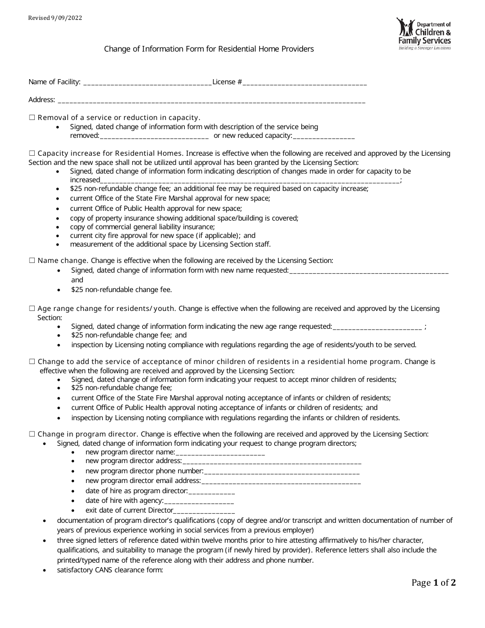 Change of Information Form for Residential Home Providers - Louisiana, Page 1