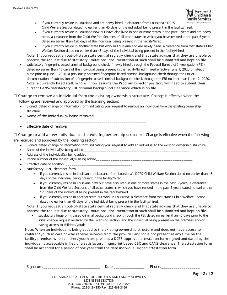 Change of Information Form for Residential Home Providers - Louisiana, Page 2