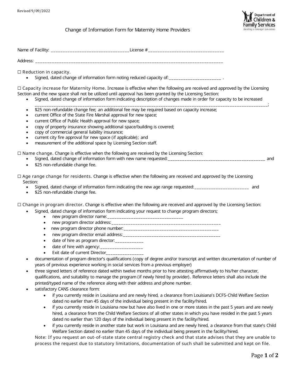 Change of Information Form for Maternity Home Providers - Louisiana, Page 1