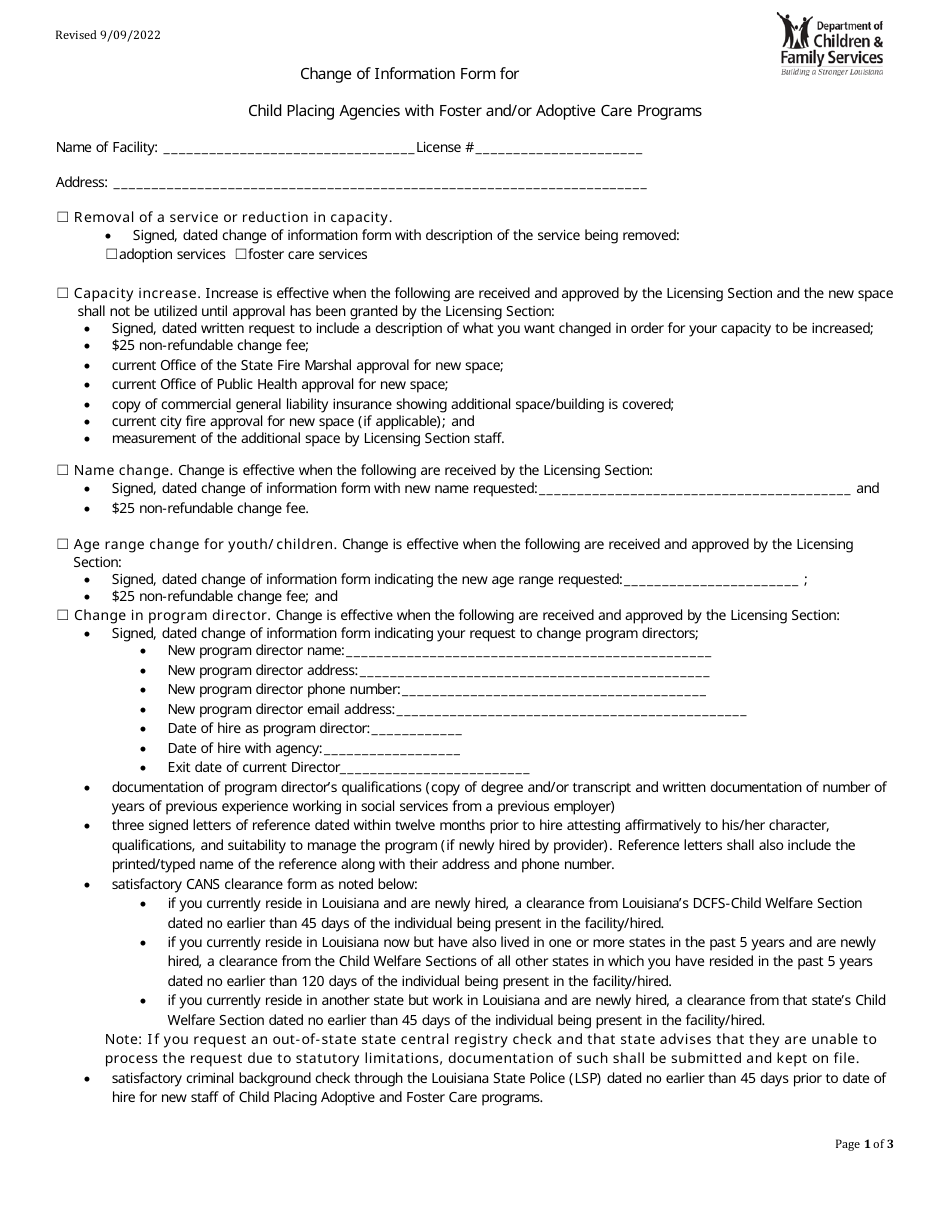 Change of Information Form for Child Placing Agencies With Foster and / or Adoptive Care Programs - Louisiana, Page 1