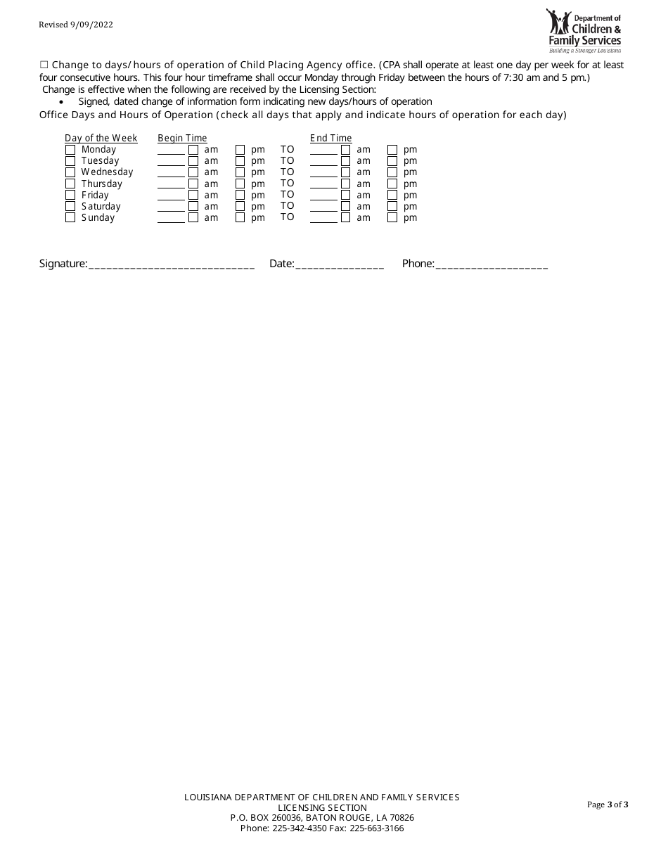 Change of Information Form for Child Placing Agencies With Foster and / or Adoptive Care Programs - Louisiana, Page 3