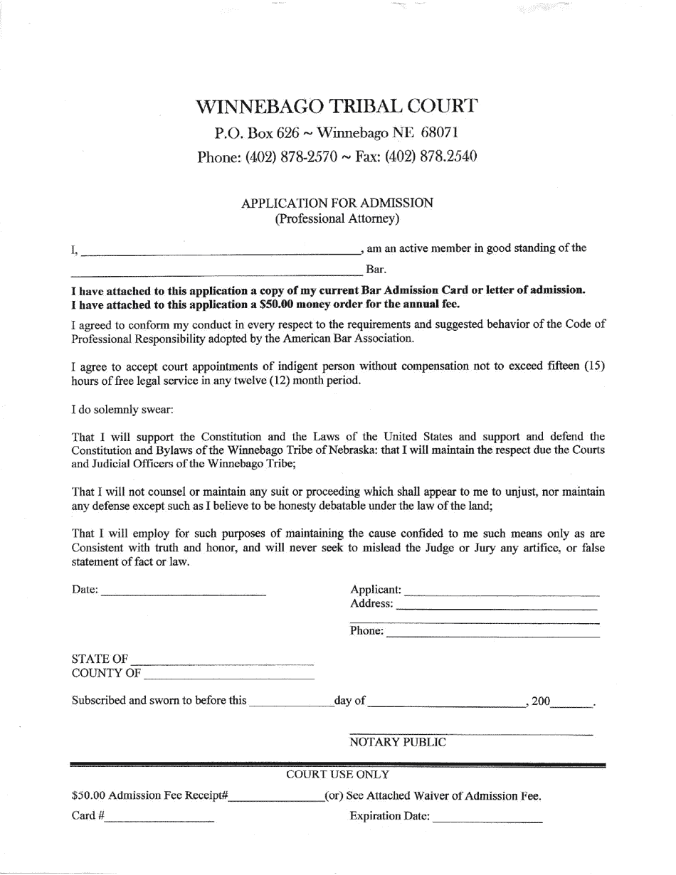 Winnebago Tribal Court Application for Admission (Professional Attorney) - Nebraska, Page 1