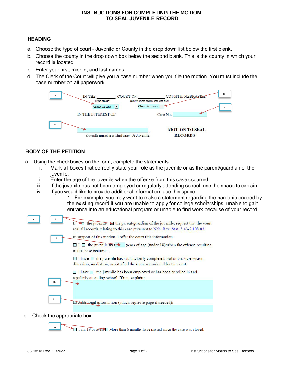 Instructions for Form JC15:1 Motion to Seal Records - Nebraska, Page 1