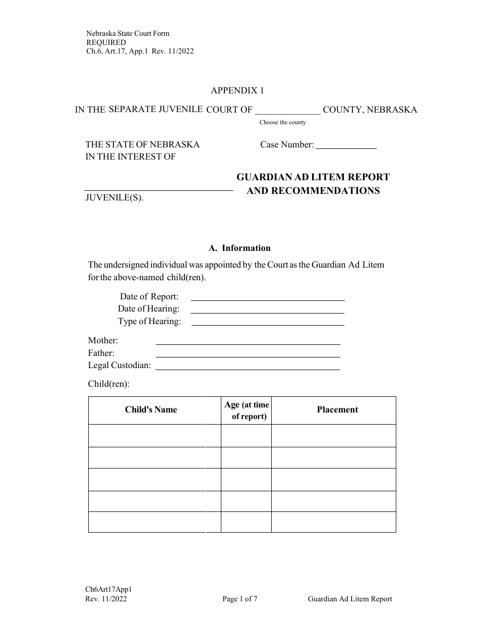 Form CH6ART17APP1 Appendix 1 Guardian Ad Litem Report and Recommendations - Nebraska, Page 1