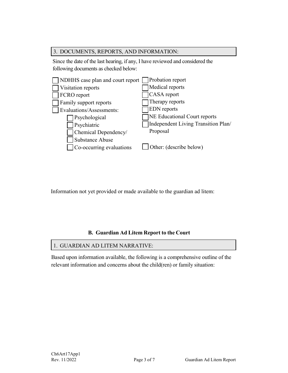 Form CH6ART17APP1 Appendix 1 Guardian Ad Litem Report and Recommendations - Nebraska, Page 3