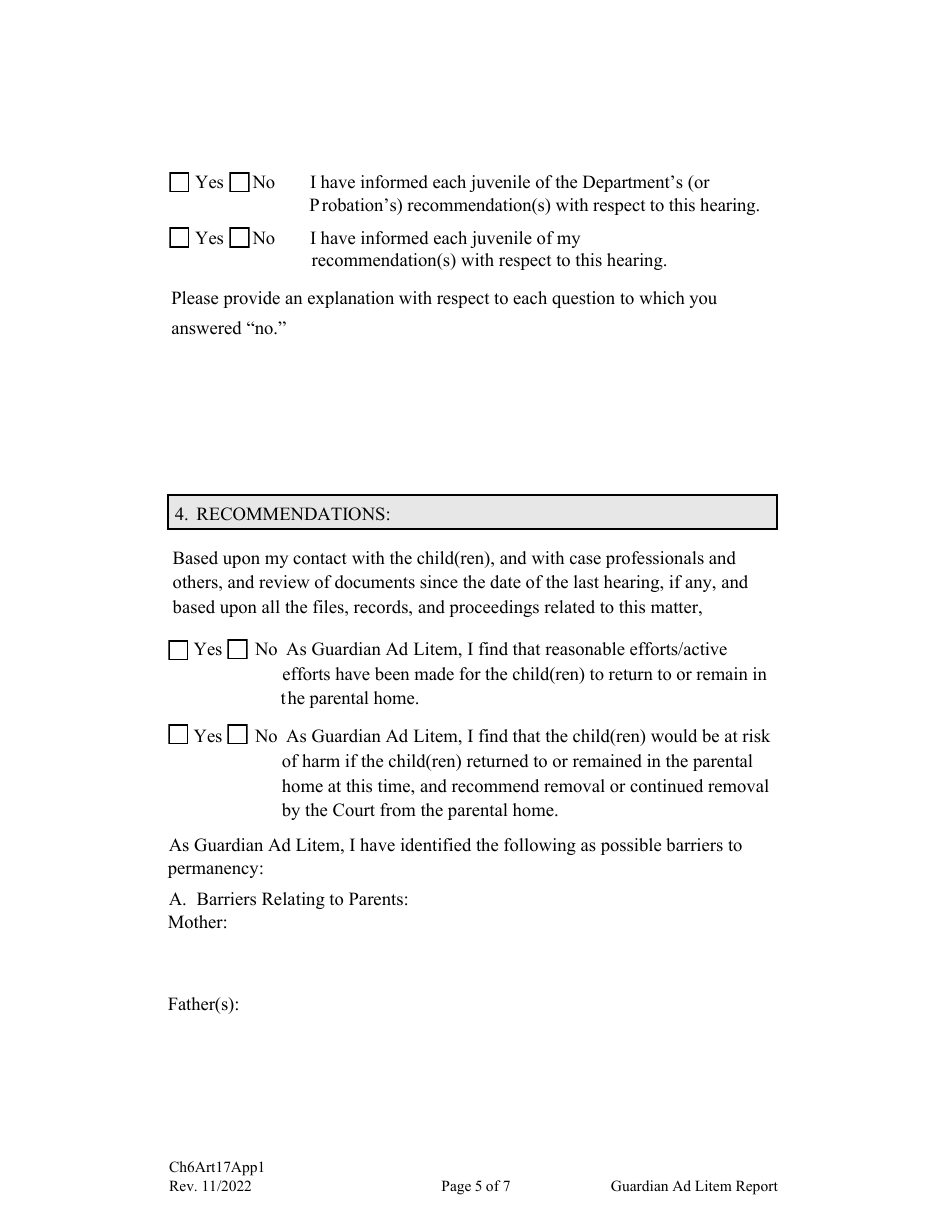 Form CH6ART17APP1 Appendix 1 Guardian Ad Litem Report and Recommendations - Nebraska, Page 5
