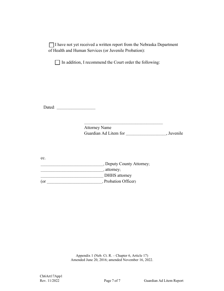 Form CH6ART17APP1 Appendix 1 Guardian Ad Litem Report and Recommendations - Nebraska, Page 7