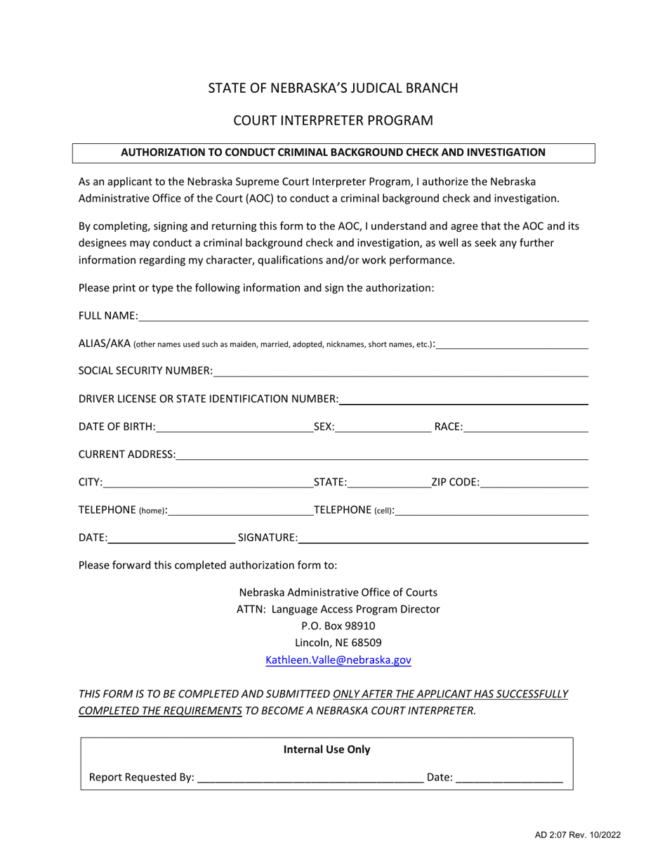 Form AD2:07 Authorization to Conduct Criminal Background Check and Investigation - Court Interpreter Program - Nebraska, Page 1