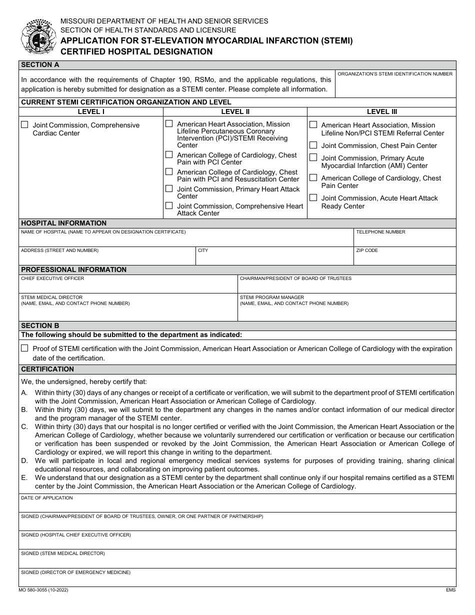 Form MO580-3055 Application for St-Elevation Myocardial Infarction (Stemi) Certified Hospital Designation - Missouri, Page 1